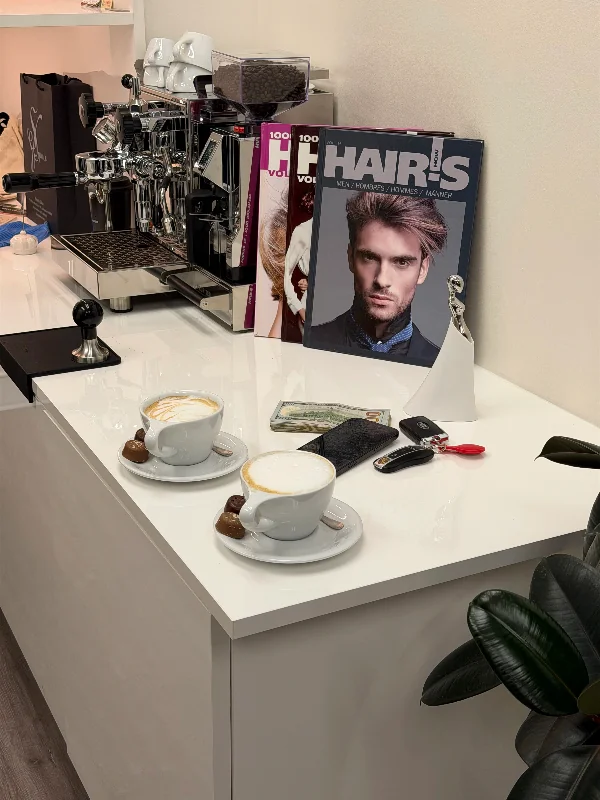 Styling counter with coffee and tools at SB SPACE, Los Angeles
